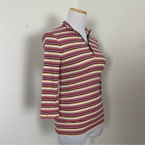 Express One Eleven Striped Ribbed Zip Neck Top 3/4 Sleeves Retro Size XS - Picture 5 of 16
